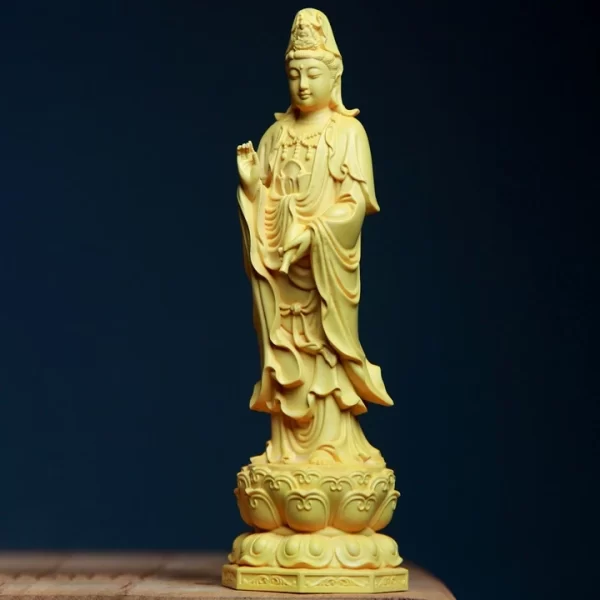 Tượng Phật Bà Quan Âm đứng đài sen bằng gỗ Hoàng Dương (cao 20cm) - C20