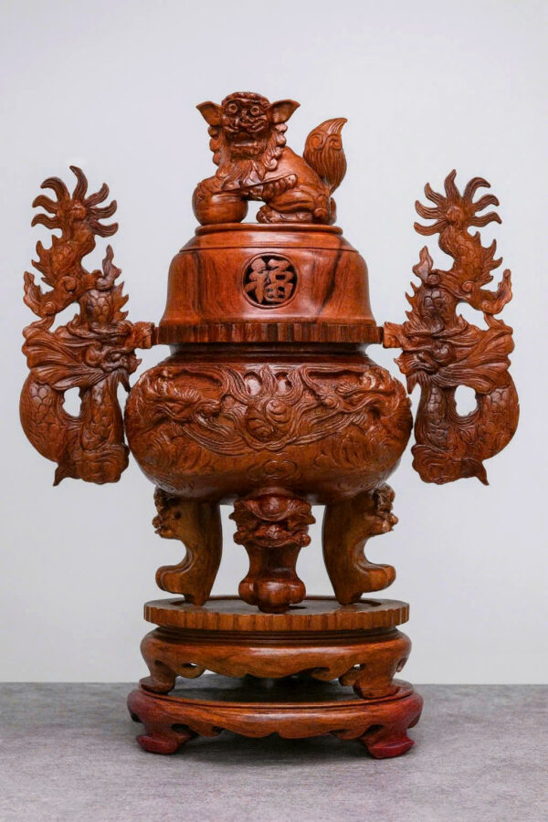 Đỉnh trầm song long gỗ hương Việt (hương ta) -CT40