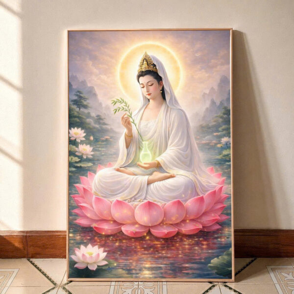 Tranh Phật Quan Âm Bồ Tát Ngồi Đài Sen - Tranh treo tường cao cấp - MS126(tuỳ chọn kích thước)