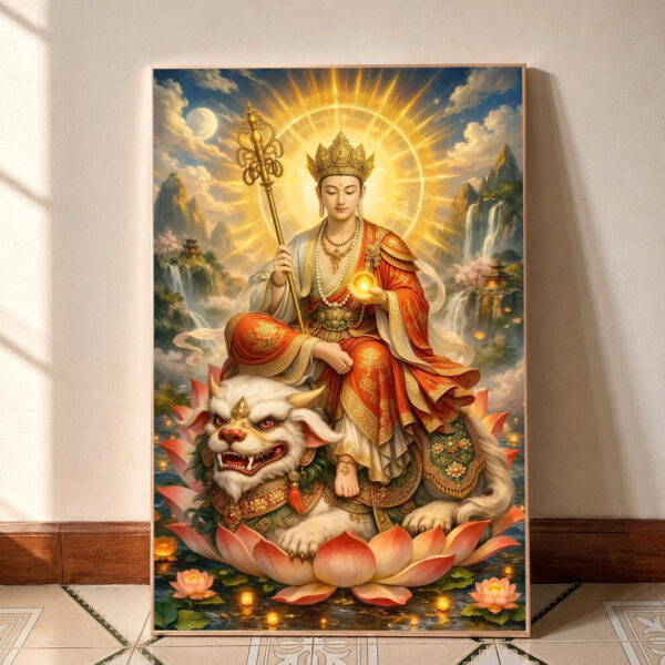 Tranh Ngài Địa Tạng Vương Bồ Tát cưỡi linh thú - Tranh treo tường cao cấp (tuỳ chọn kích thước)