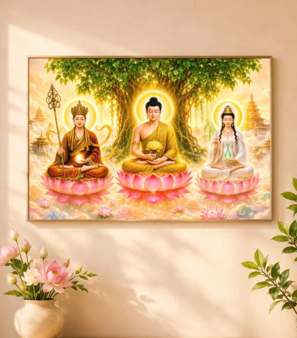 Tranh Phật - Ta Bà Tam Thánh - Tranh treo tường cán gỗ , khung viền titan cao cấp - CZ1