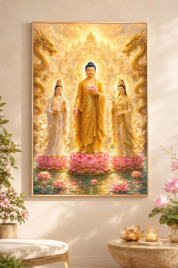 Tranh Phật Tây Phương Tam Thánh - Tranh treo tường cán gỗ , khung viền titan cao cấp - CZ2