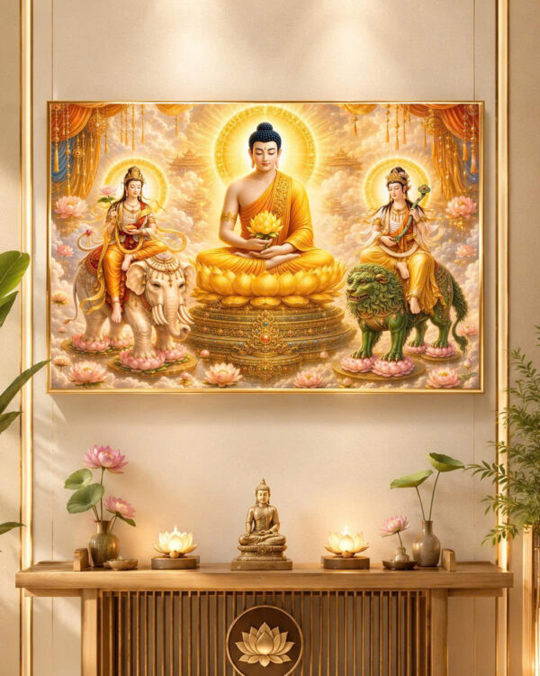 Tranh Phật Hoa Nghiêm Tam Thánh - Tranh treo tường cán gỗ , khung viền titan cao cấp - CZ1