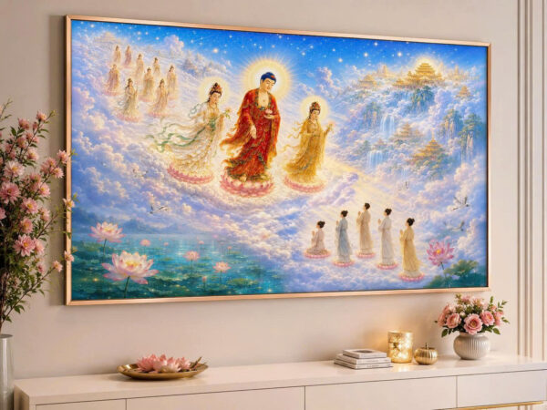 Tranh Phật Tam Thánh, A Di Đà Tiếp Dẫn – Tranh treo tường cán gỗ , khung viền titan cao cấp – CZ1