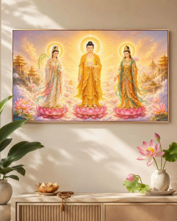 Tranh Phật Tây Phương Tam Thánh – Tranh treo tường cán gỗ , khung viền titan cao cấp – CZ3